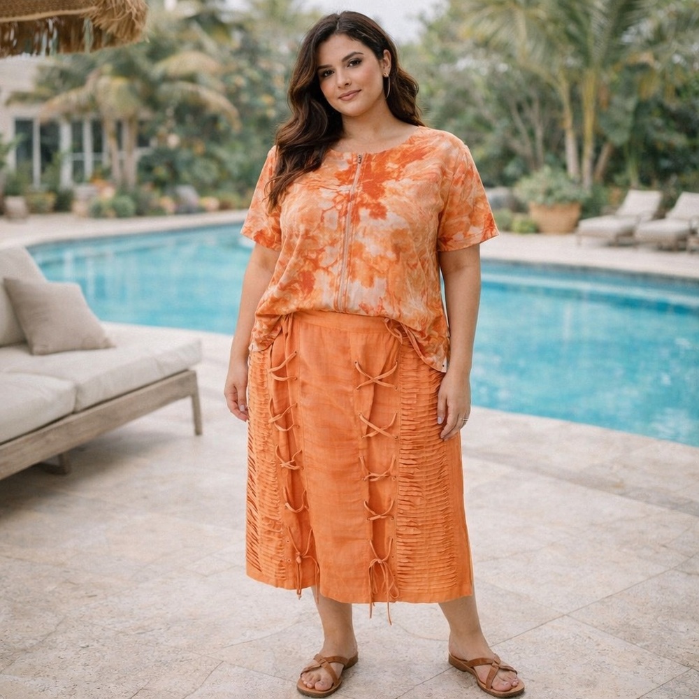 LINEN LIKE VINTAGE LACE UP ORANGE SHERBET MAXI MIDI SKIRT SIZE 20 EUC
